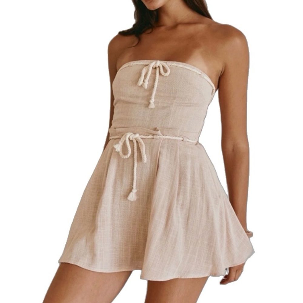 SABO Juliet Strapless Rope Mini Bohemian Resort Festival Dress Stone Beige sz L